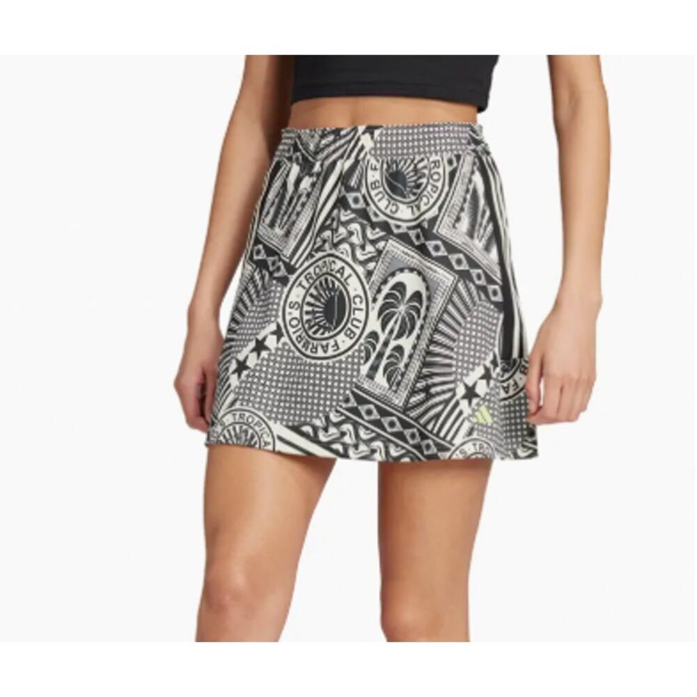 Adidas X Farm Rio Black White Mini Skirt Womens Sz L Pull On Tropical Club